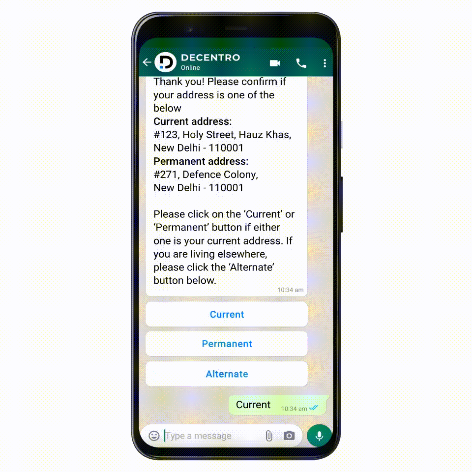 A gif showing KYC onboarding via conversational banking on WhatsApp.